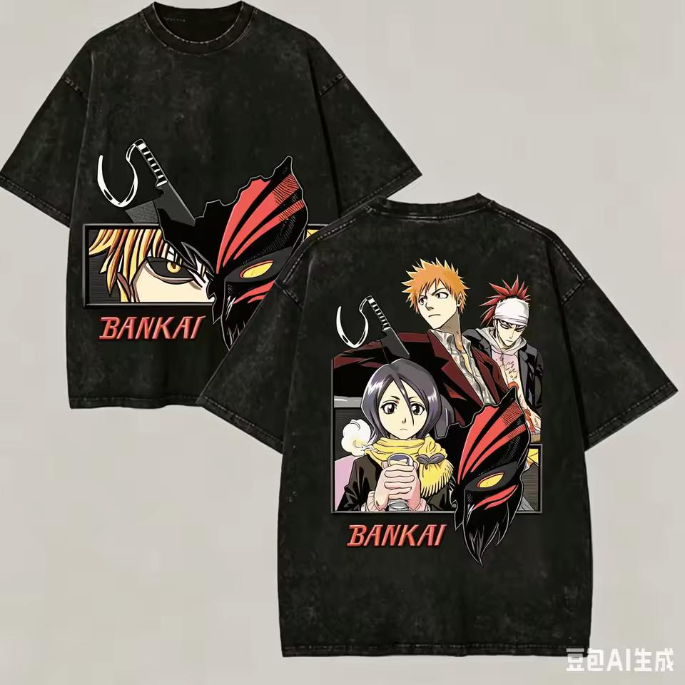 2026 Bleach Ичиго Рукия Ренджи Банкай Двусторонний Винтажный Стиранный Аниме Графический Футболка Унисекс Оверсайз Y2K Уличная Одежда Хлопковая Футболка