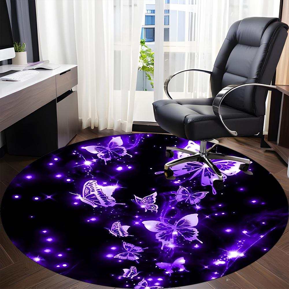 1pc Butterfly Purple Glitter Chair Carpet for Office, Round Non Slip Durable Large Size Office Carpet, Suitable for Office