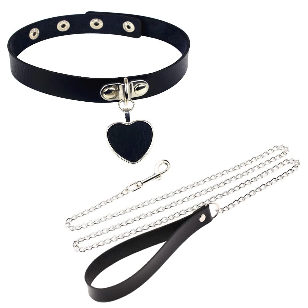 Bondage Collar Heart Cosplay Set with Leash Chain SM Goods Play Human Walk Mine Type Bien Stylish [MONEON] (Black Heart)