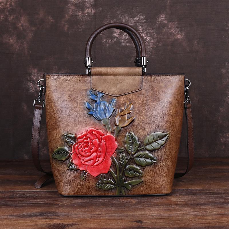New Leather Handbag Large Capacity First Layer Cowhide Single Shoulder Straddle Bag Retro Tote Bag