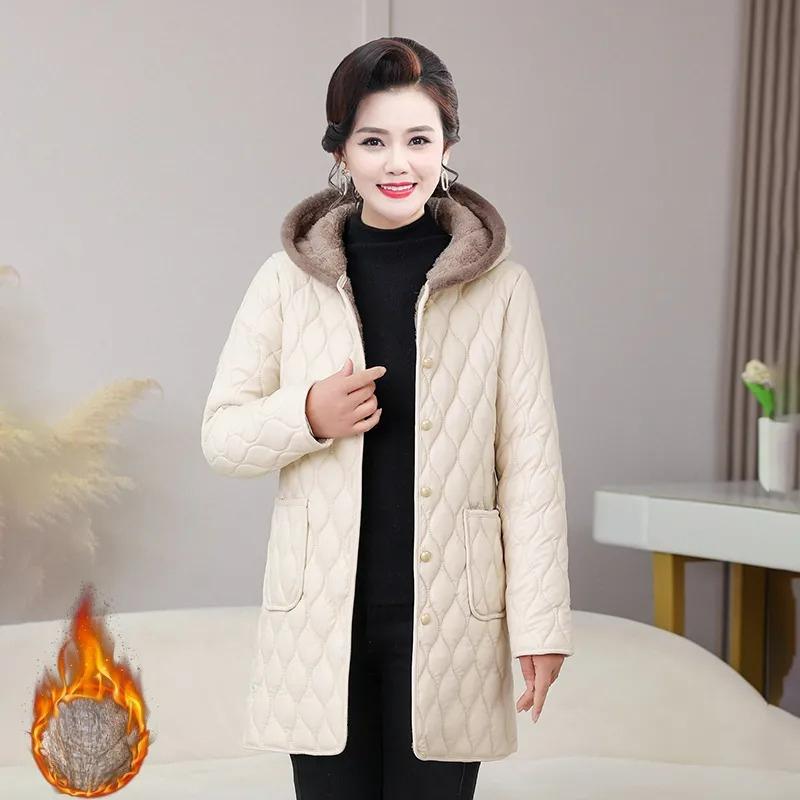 Мамина куртка средней длины с подкладкой Зимняя в западном стиле Плюс бархатная толстая куртка с капюшоном Модная куртка для среднего возраста Куртка с подкладкой