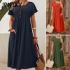 JPNTKY Летнее женское платье большого размера длинное однотонное из хлопка и льна с круглым вырезом, карманами, плиссировкой и короткими рукавами