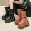 Fashion Women Platform Motorcycle Boots 9CM Wedges Heels Leather Mid Calf Boots Woman Winter Warm Fur Chunky Sneakers Gothic Botas Mujer