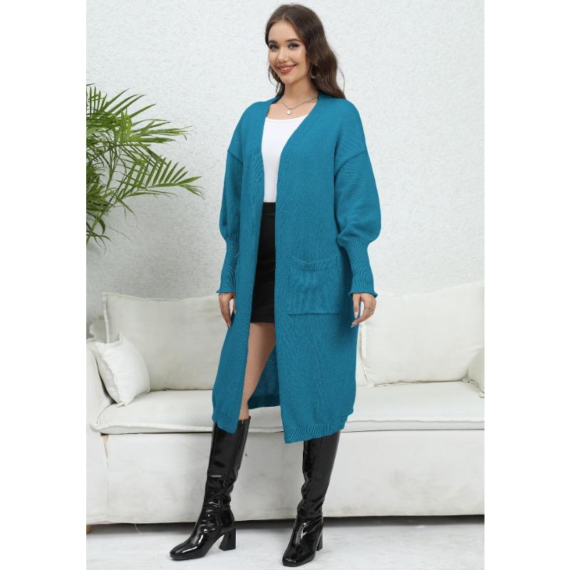 Women's Sweater Cardigan Long Loose Jacket Double Pocket Lantern Sleeve Sweater Cardigan