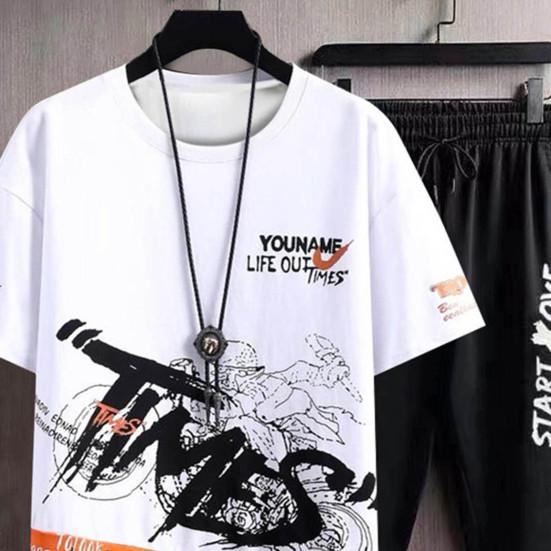 2Pcs/Set Men Letter Print O-neck Short Sleeve T-shirt Elastic Waist Drawstring Sweatpants Set Sport