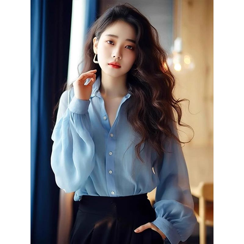 Стильный корейский гонконгский синий универсальный топ с длинными рукавами для женщин