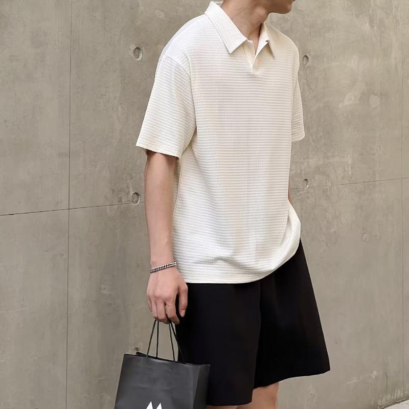 Летняя одежда, новая рубашка поло с короткими рукавами, мужская свободная футболка с лацканами, текстурированная корейская версия, повседневный топ с короткими рукавами