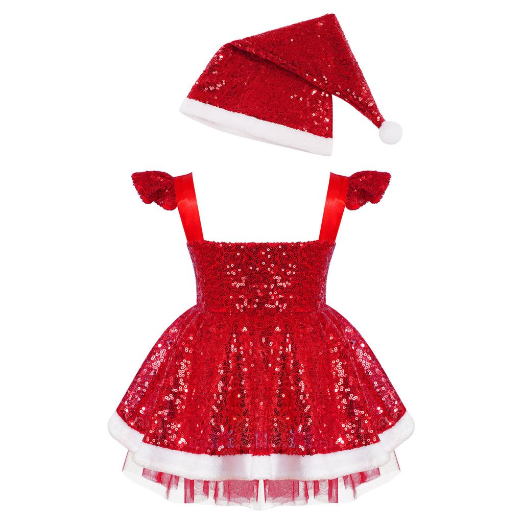 2PCS Kids Girls Sequin Christmas Santa Claus Costume Baby Dress Up Party Dance Dress Outfits