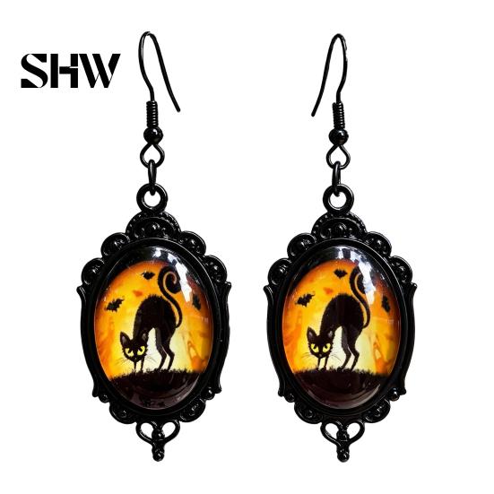 Versatile Dark Style Daily Wear Accessories 1 Pair Halloween Gothic Black Cat Earrings for Women, Vintage Jewelry with Skull Bat Patterns Punk Dangle