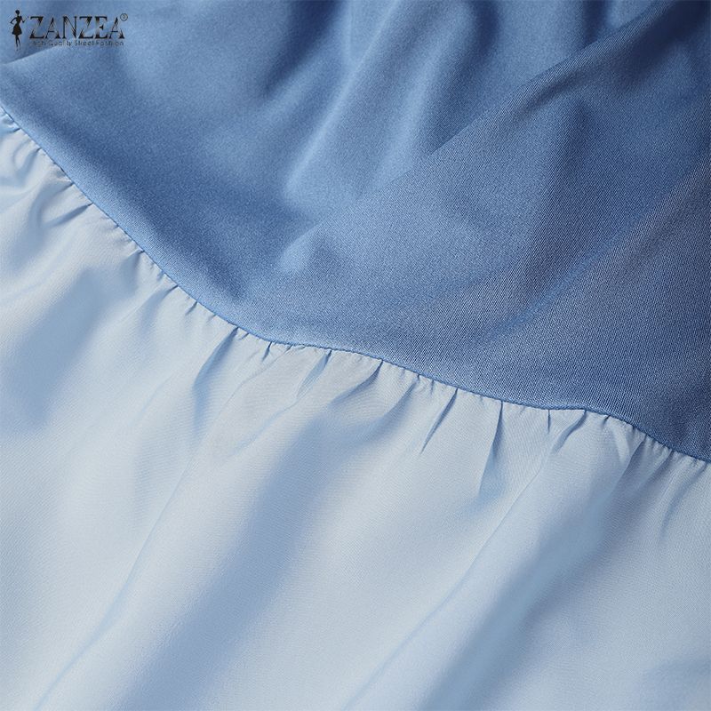 ZANZEA Женское повседневное летнее платье с коротким рукавом и круглым вырезом, с длинной юбкой и вставками