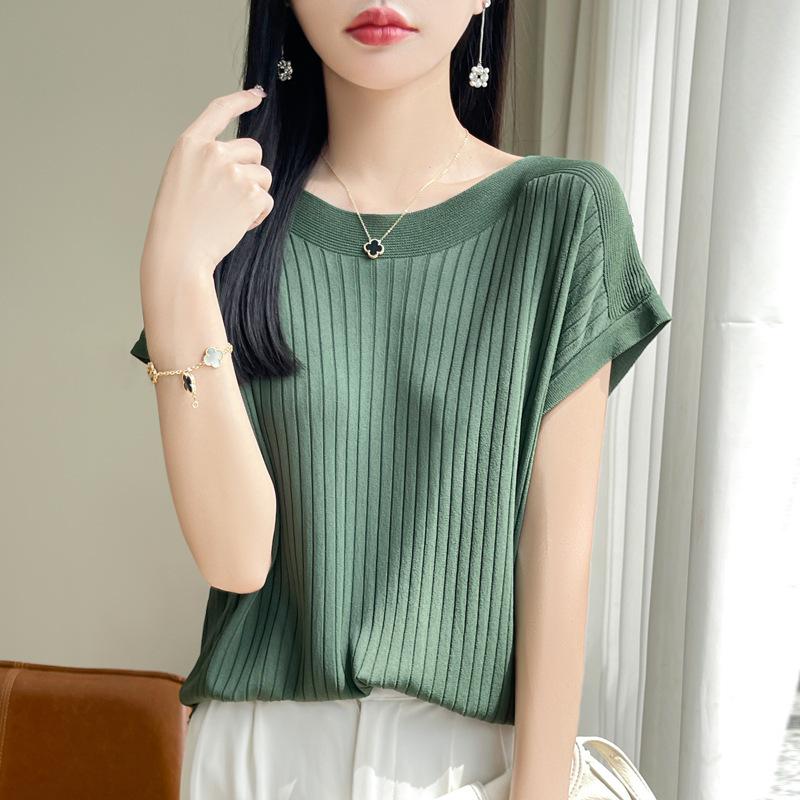 Модный женский свитер с вырезом-лодочкой из ледяного шелка, весна-лето, вязаный свитер, свободные повседневные рубашки, трикотажные изделия с коротким рукавом