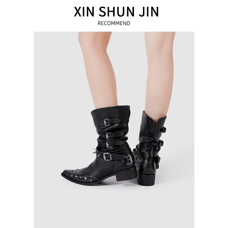 Vintage Embroidered Pointed Western Cowboy Boots Women'S Spring And Summer Thick Heel Versatile Knight Boots Sleeve Boots