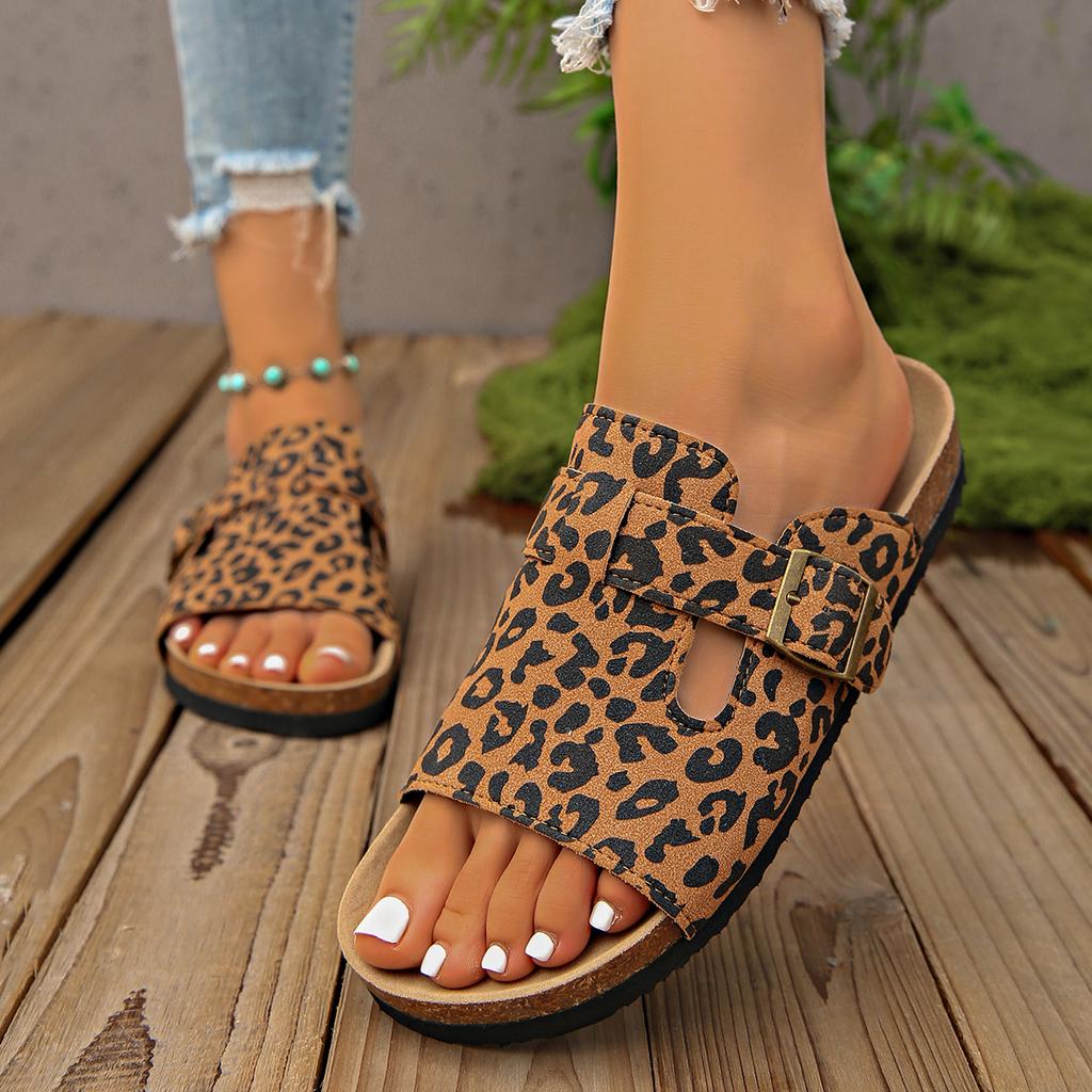Мода Мода Леопард Женские Тапочки Новые Пробковые Летние Тапочки Женские Уличные Нескользящие Туфли Пряжка Пляжные Плоские Сандалии Шлепанцы Женские