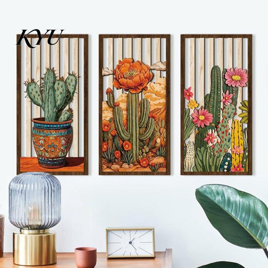 Bohemian Wall Art 3PCS Boho Cactus Wooden Art, Desert Floral Hanging, Vertical Wood Southwestern Botanical Prints Hanging for Home Living Room Neutral