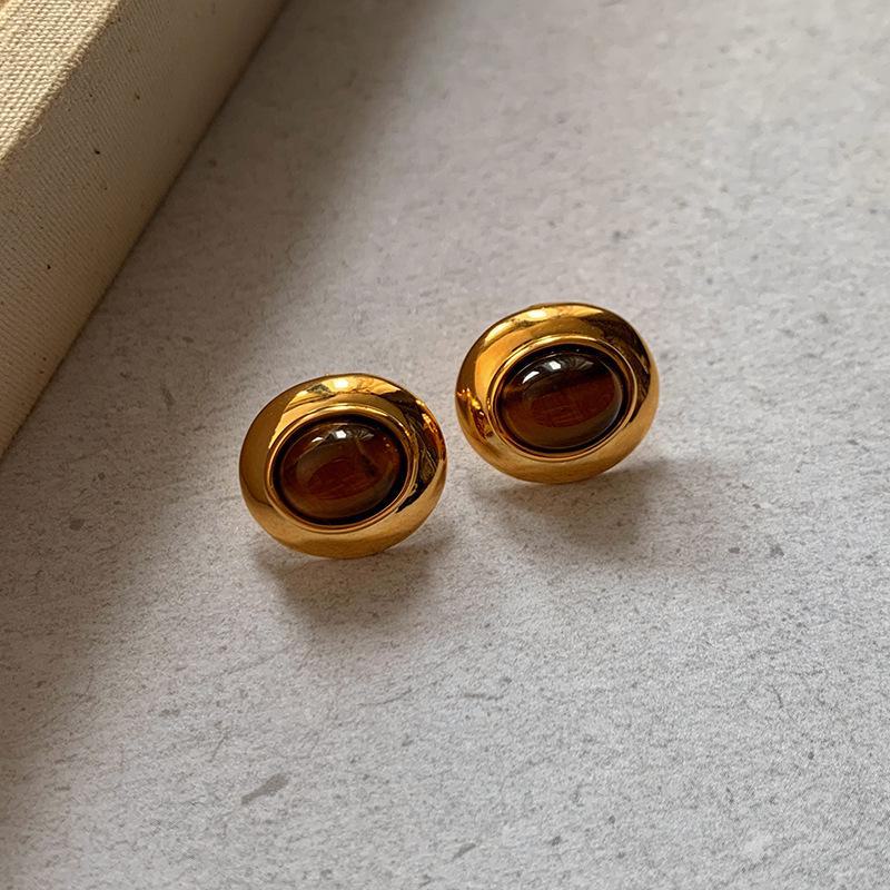 Vintage Tiger Eye Stone Earrings: Gold Electroplated, Sterling Silver Needle, Unique Light Luxury Design