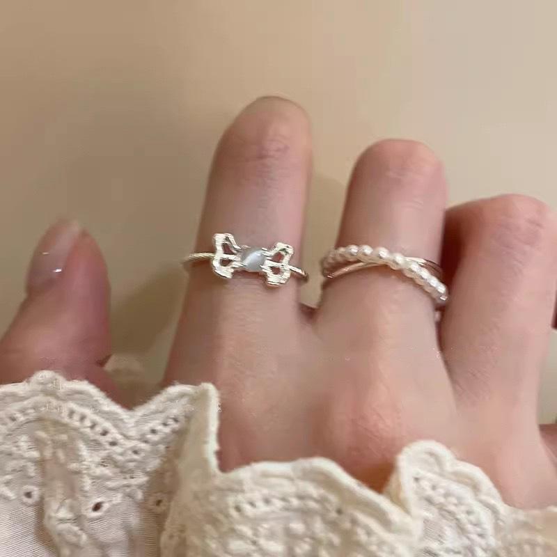 Кольцо с открытым жемчугом и опаловым бантом, женское летнее нишевое легкое роскошное кольцо на указательный палец, французское сладкое кольцо