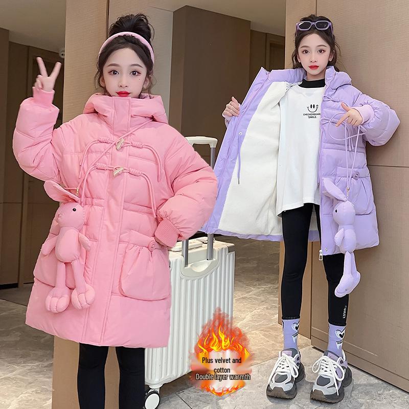 2025 Осень/Зима Модное пуховое пальто для девочек с флисовой подкладкой и куклой-кроликом