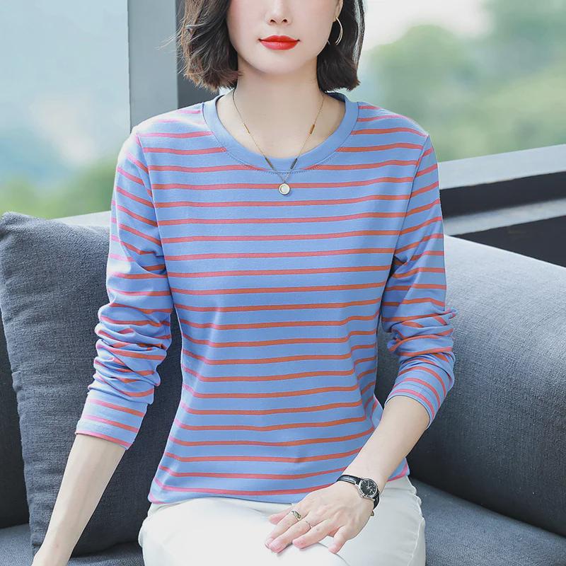 2023 Women's Oversized Striped Cotton Long-Sleeve T-Shirt for Autumn