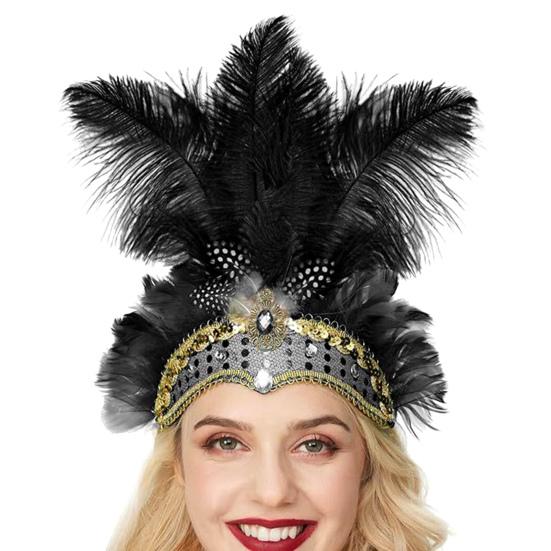 Feather Headpiece Hair Band with Rhinestones Sequins Elastic Carnival Headdress Women Lightweight Festival Headdress