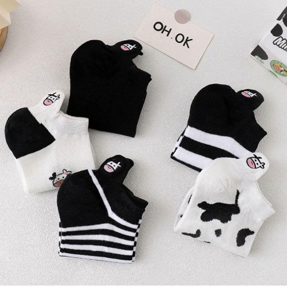 Black White Cute Cartoon Super Thin Women's Socks Boat Socks Striped Cow Socks Ankle Short Socks