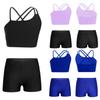 Kids Girls Asymmetrical Strappy Crop Top with V-front Waistband Shorts for Sports Gymnastic Workout