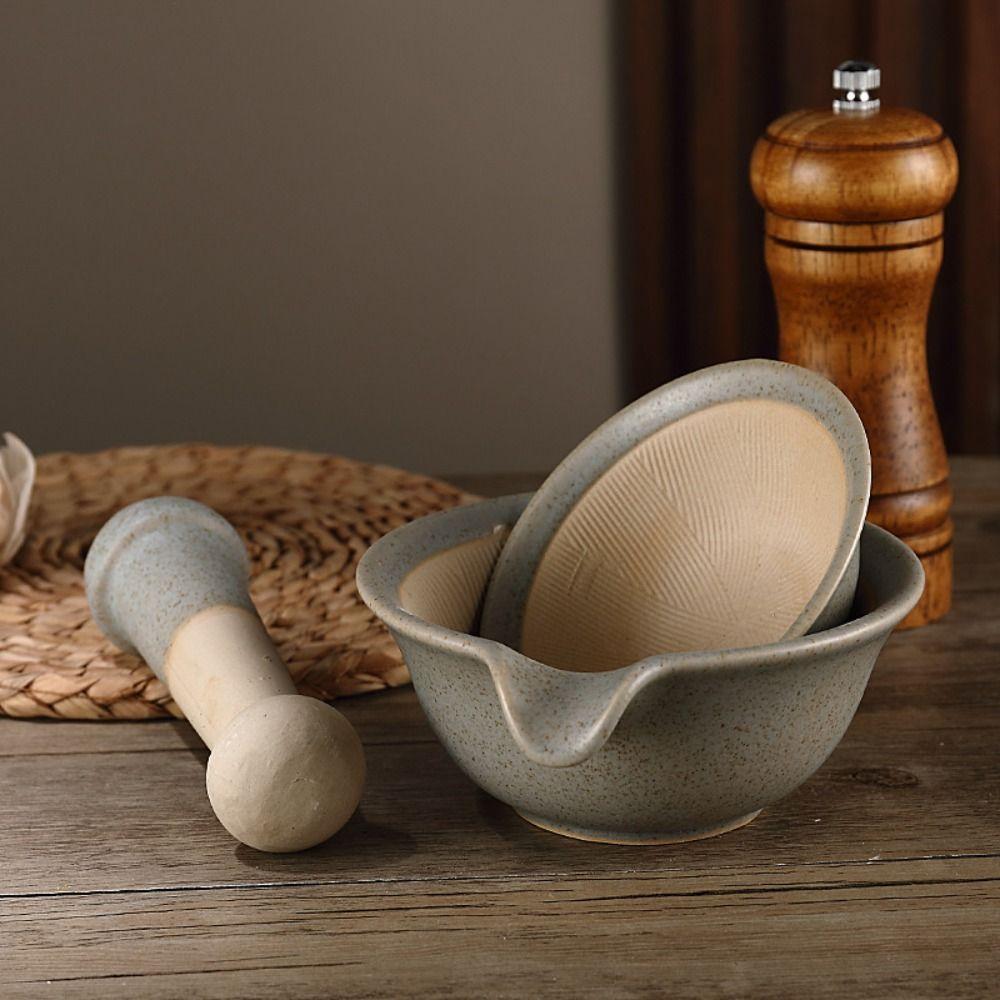 Ceramic Rice Paste Bowl Manual Garlic Mortar Pestle Easy To Clean Grinding Bowl Rod Set Spice