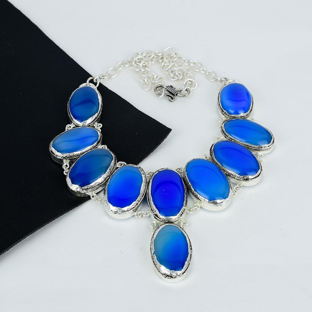 Синий халцедон драгоценный камень ручной работы серебро 925 пробы гальванопластика ожерелье, синий халцедон серебро для жены унисекс ожерелье праздничный наряд подарки