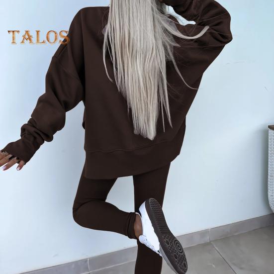 2 шт./комплект женский топ брюки костюм круглый вырез длинный рукав асимметричный подол толстовка эластичный пояс однотонные брюки зимний повседневный спортивный костюм