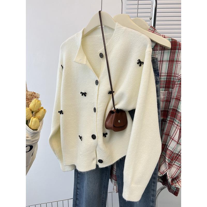 Шикарный вязаный кардиган с бусинами и бантом, нишевый дизайн, женский топ