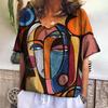 New T Shirt For Women Abstract V-neck Short Sleeve Tee Casual Oil Painting Female Clothing Fashion Street Retro Women's T-shirt