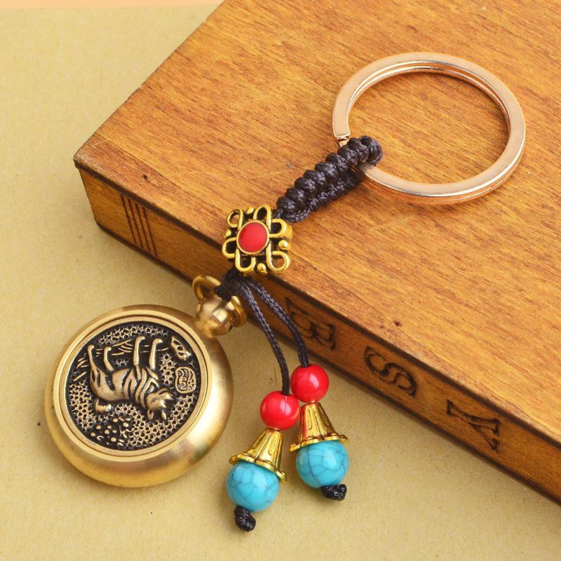 Brass Zodiac Wealth-Enhancing Car Keychain with Chinese Knot for Stress Relief