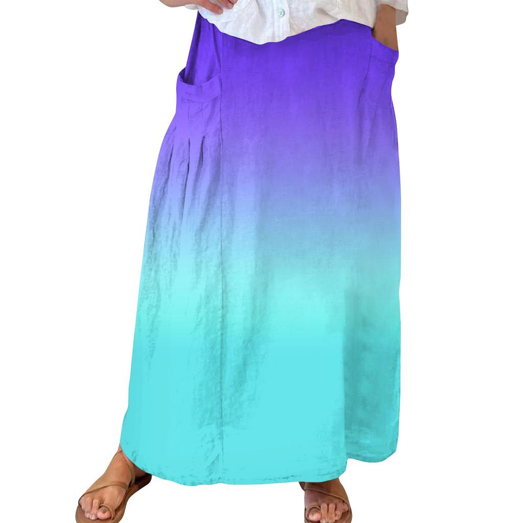 Women Casual Loose Boho Elastic Waist A-Line Beach Flowy Swing Vacation Maxi Skirt With Pocket