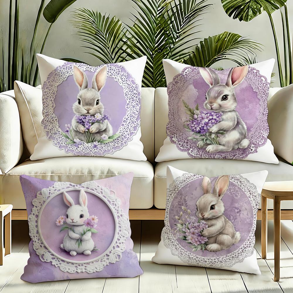 Cute rabbit holding flowers Cushion Cover Reversible Plush Pillow Cover Soft Fluffy Home Decor for Sofa Bedroom