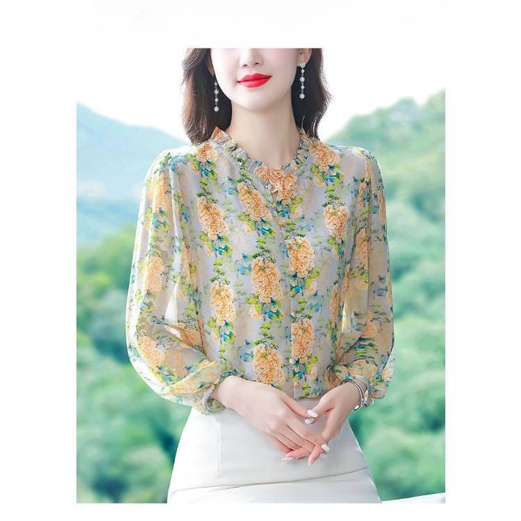 Women's Floral Chiffon Shirt Fashion New Early Spring Top with Nine Quarter Sleeves Loose Top