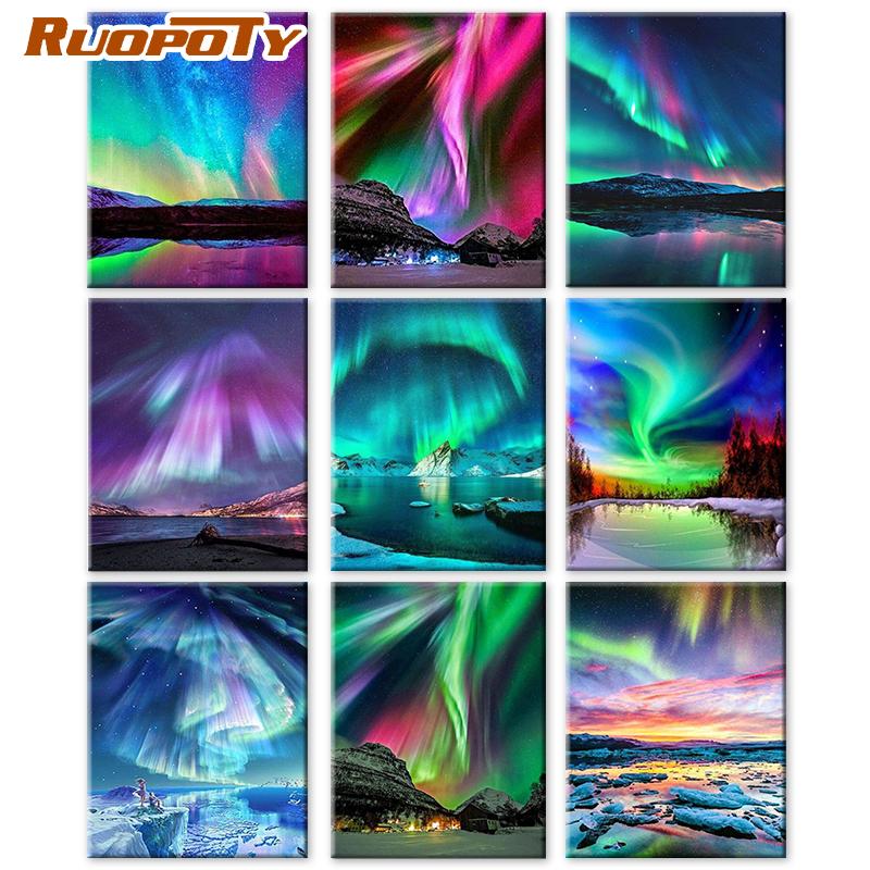 RUOPOTY Frame Picture Diy Painting By Numbers For Adults Green Aurora Landscape Canvas By Numbers For Home Decors Artwork