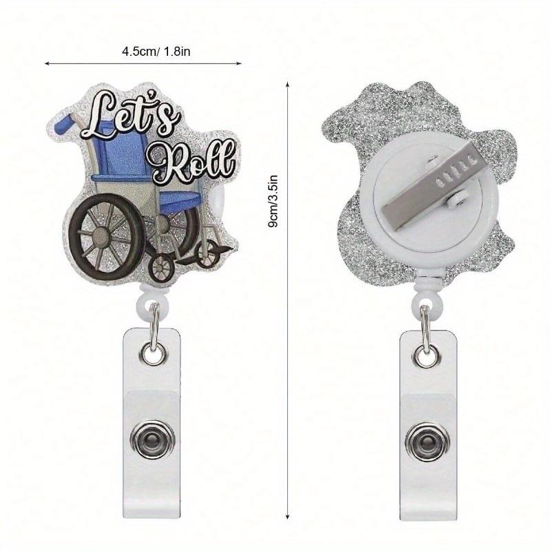 Выдвижной бейдж-ролик медсестры с зажимом-аллигатором Let's Roll Держатель для бейджа/ID-карты для транспортировки пациентов Забавный бейдж с серебристыми блестками с инвалидной коляской