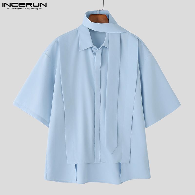 INCERUN Большие мужские рубашки с завязками на шее и коротким рукавом, однотонные, повседневные, с высоким и низким вырезом