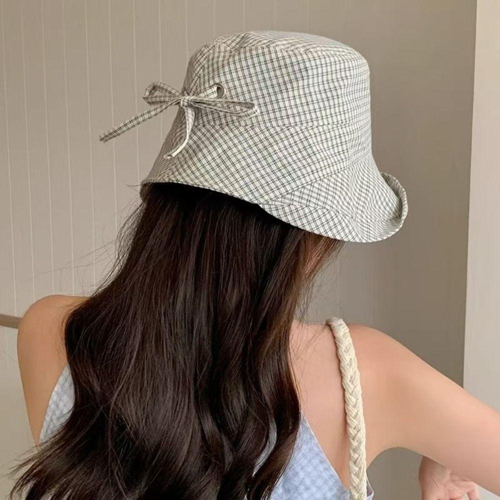 Curled Plaid Sun Hat Summer Fisherman Caps Fashion Plaid Bucket Cap  for Women