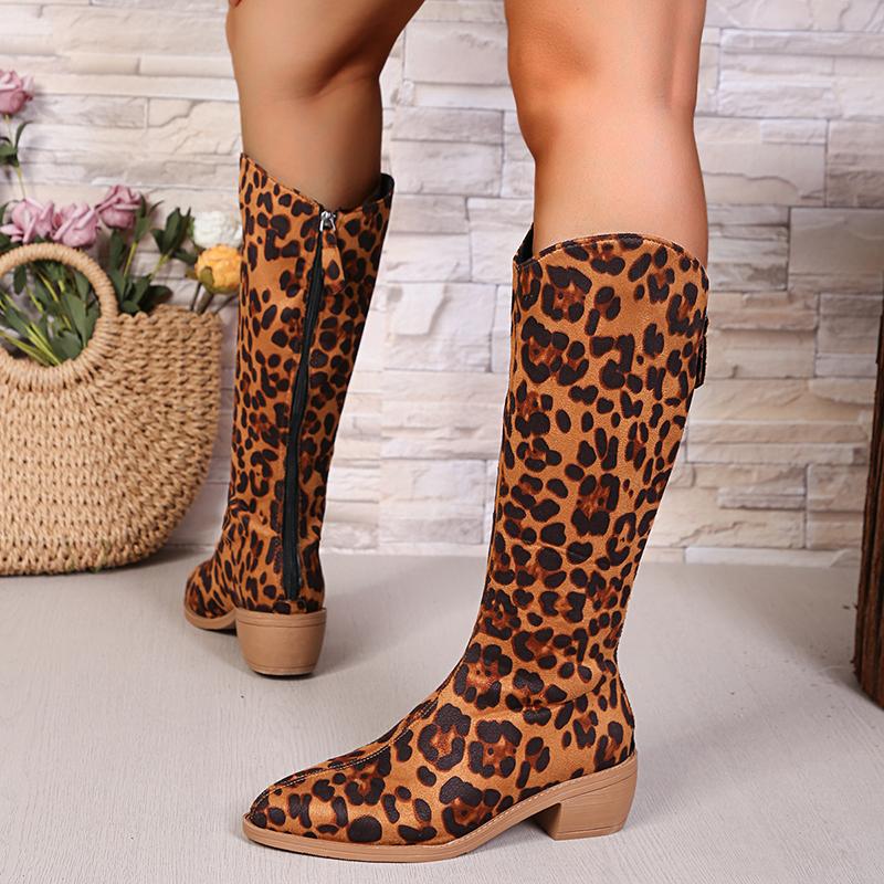 Сапоги до колена с леопардовым принтом, женские, осень-зима, с острым носком, на среднем каблуке, длинные, Botas Mujer, модные, с застежкой-молнией сзади, на квадратном каблуке
