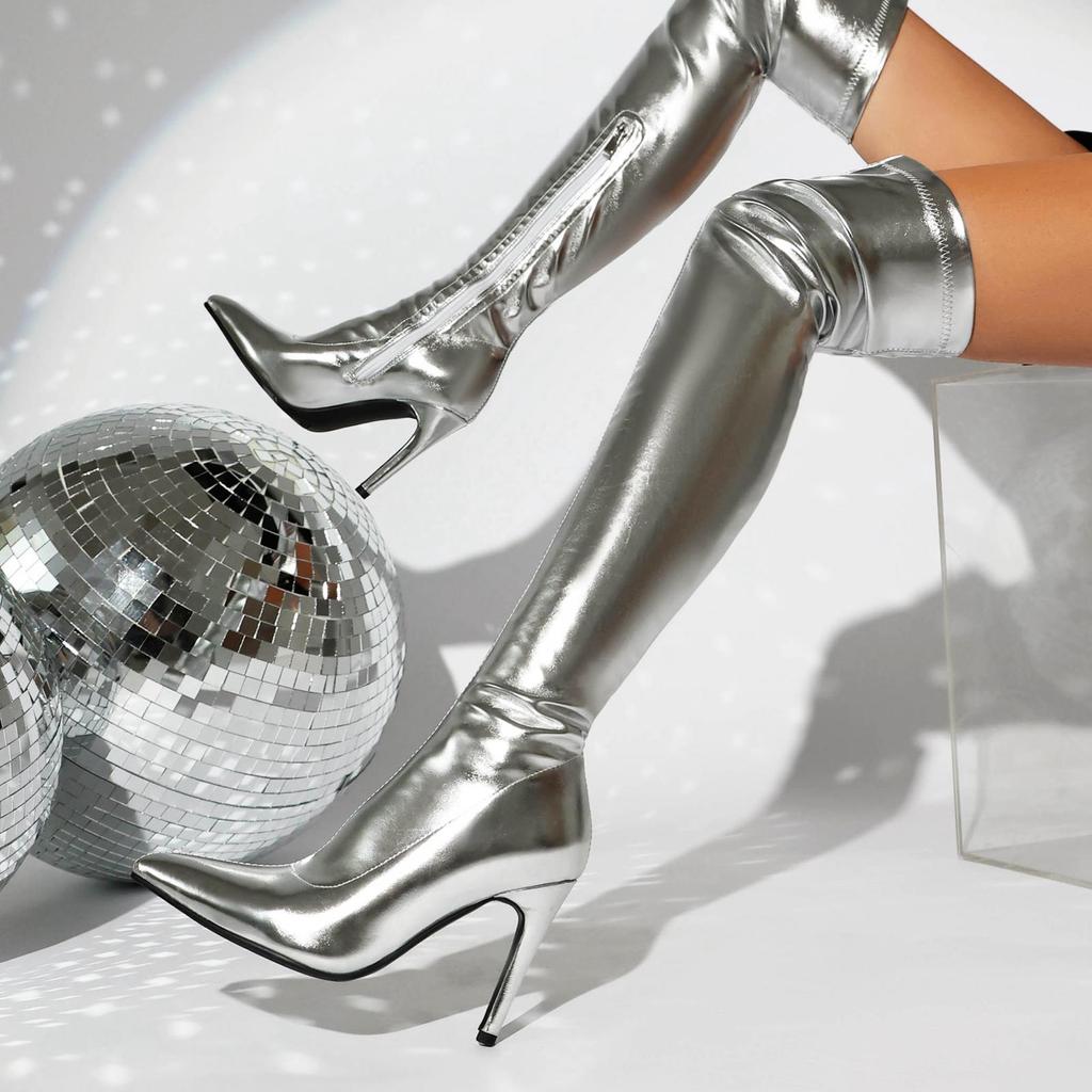 Krazing Pot PU Autumn Winter Shoes Stiletto High Heels Super Size Sexy Stovepipe Boots Pointed Toe Keep Warm Slip On Over-the-knee Boots