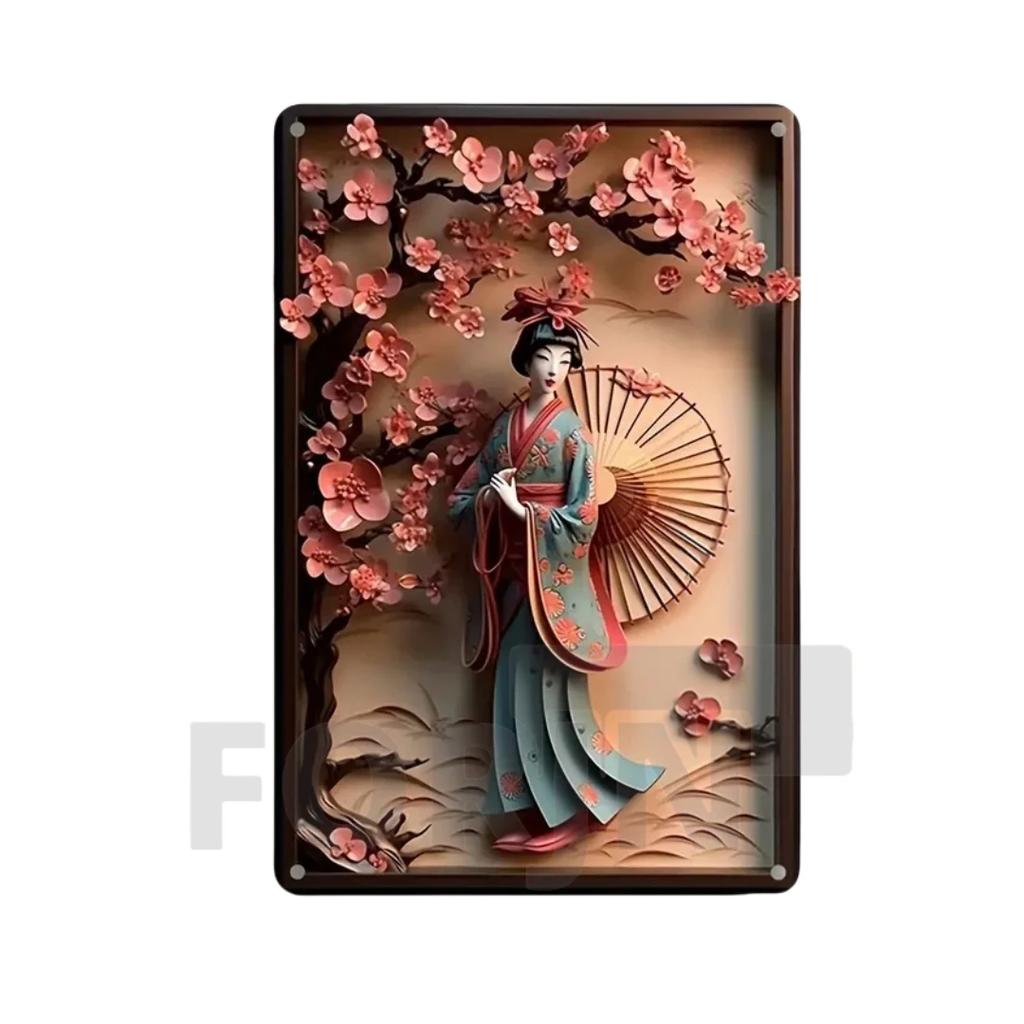 Японская гейша кимоно металлический знак, 2D элегантный японский постер с цветущей вишней, для дома, комнаты, офиса, идзакая, кафе, студии настенный декор
