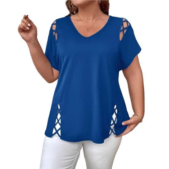 Женская летняя футболка с V-образным вырезом, коротким рукавом, однотонная, свободного кроя, повседневные топы с ажурным перекрестным дизайном