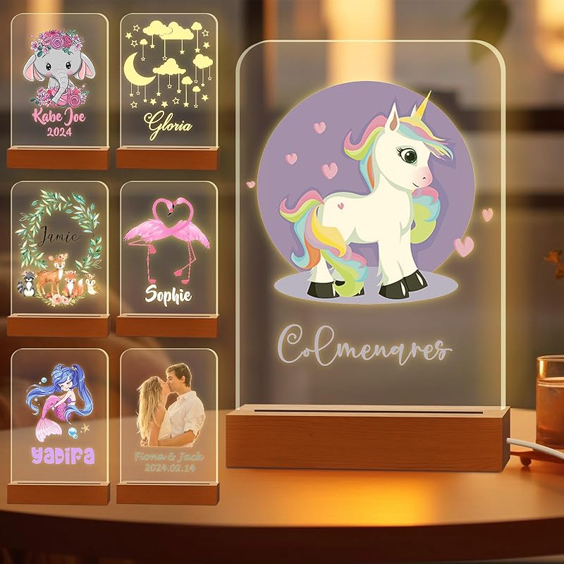 Персонализированный ночник для детей, выгравированное имя, акриловые светодиодные лампы с деревянной основой для детской спальни, декоративный ночник, индивидуальный день рождения