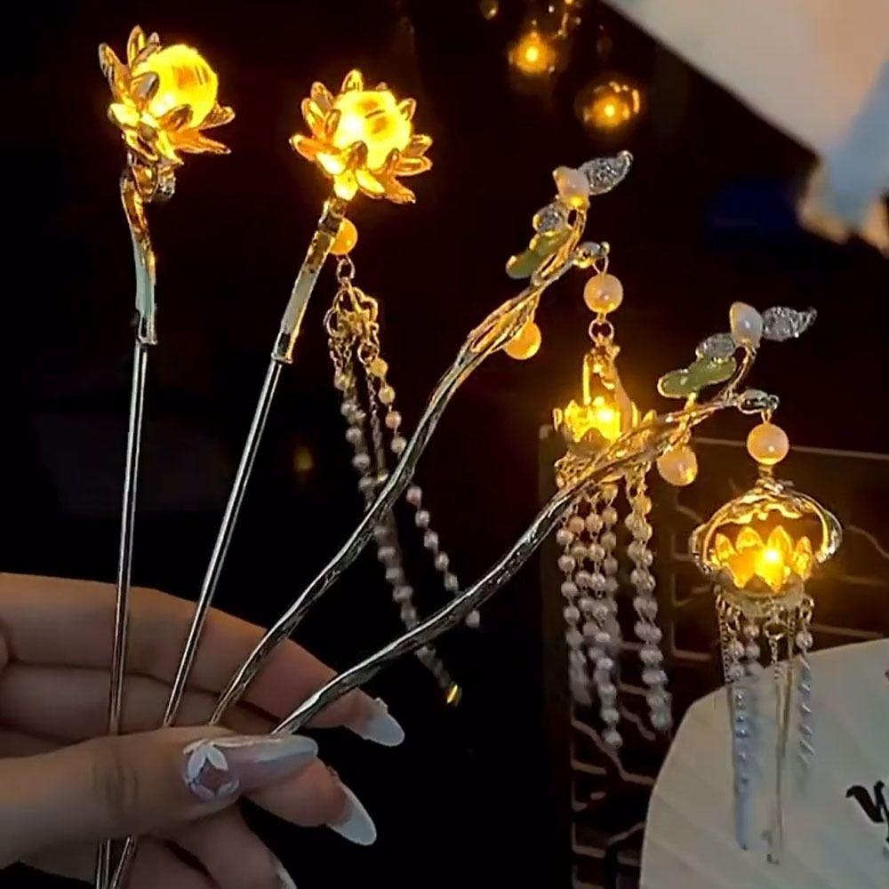 Винтажная заколка для волос Lotus Emit Light в китайском стиле с кисточками для женщин и девочек, аксессуары для волос