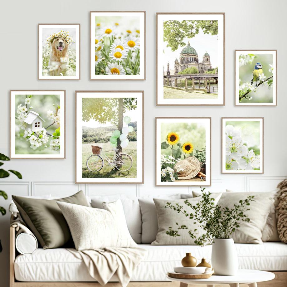 Spring Sunflower Sakura Windmill Farmhouse Church Green Landscape Poster Wall Art Canvas Painting For Living Room Home Decor