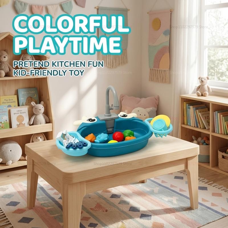 Children Play Kitchen Set with Simulated Dishwasher Sink Hand Basin Electric Circulating Water Toy for Boys Girls Kids Role Play
