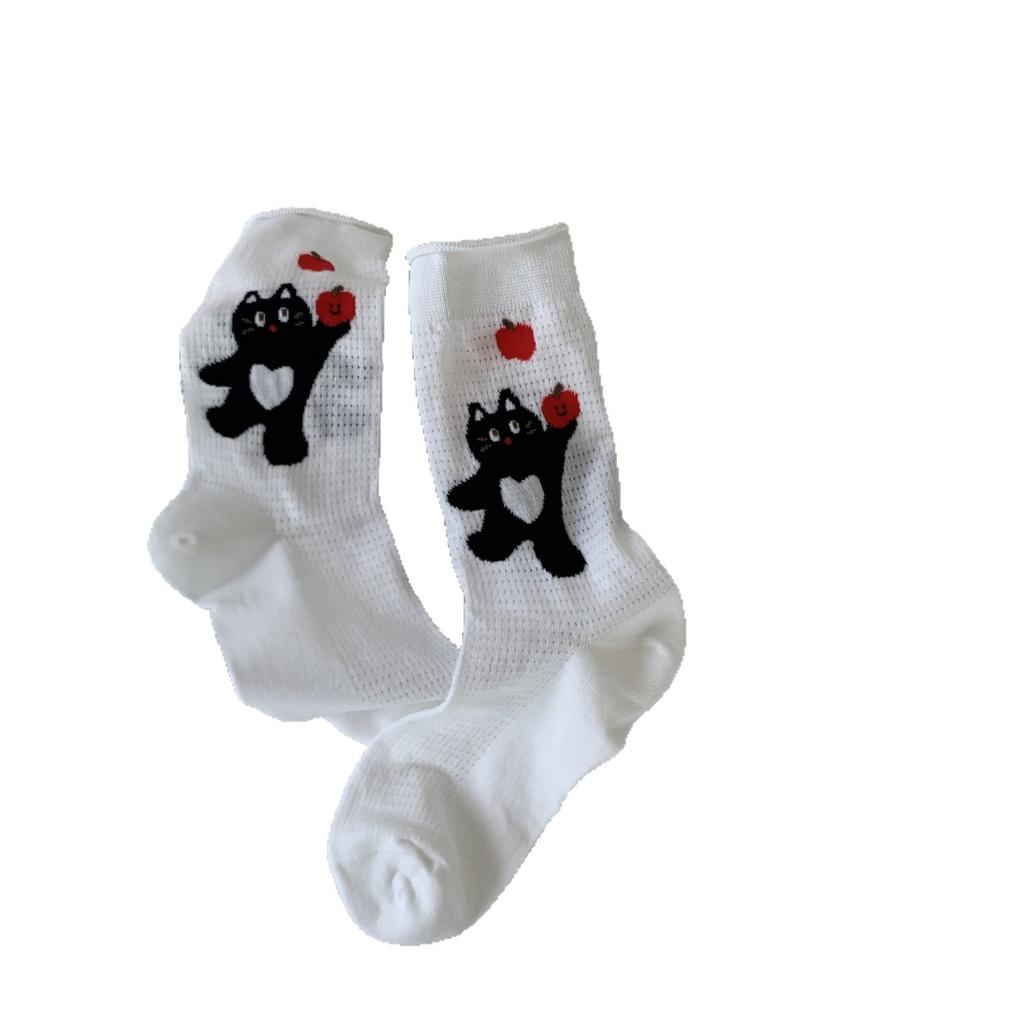 Cute Cat Short Medium Tube Socks Thin Striped Versatile Mesh Breathable Curled Socks