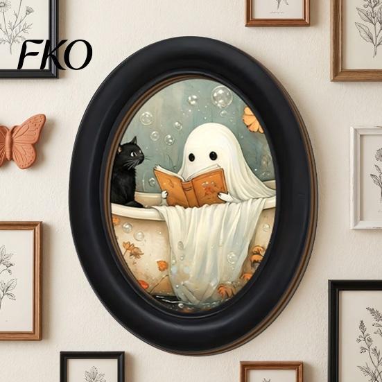 Cute Ghost Painting Halloween Wall Decor, Table Sign, Vintage Oval Framed Non-marking Art Picture, Decorative for Mantel Living Room Bedroom