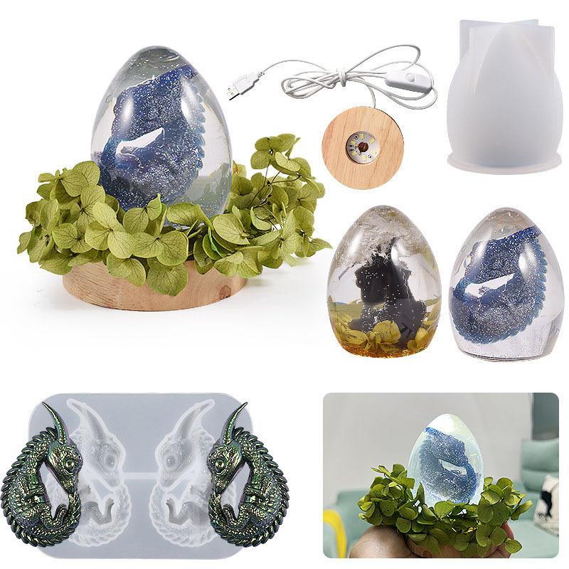 2Pcs 3D Dragon Egg Silicone Resin Casting Mold & Lamp Base, DIY Crystal Lava Dragon Egg Epoxy Mold Home Decoration