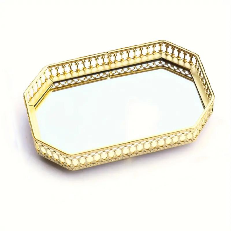 1шт поднос-органайзер для спальни, поднос для украшений, элегантные восьмиугольные подносы для косметики, металлическое настольное зеркало, основание для украшений, 2 размера